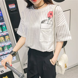 咔妮迪韩版前短后长玫瑰图案体恤学生打底条纹显瘦上衣 T恤短袖女