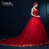 红色婚纱礼服2016新款夏季新娘结婚v领双肩长拖尾大韩式显瘦齐地
