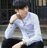夏季纯棉男士长袖衬衫韩版条纹休闲格子薄款修身青年百搭紧身衬衣