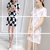 韩国代购女装2016夏季新款修身显瘦直筒A型粉色格子短袖A字连衣裙