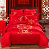 纯棉贡缎刺绣婚庆四件套大红中式结婚被套床单床上用品六十多件套