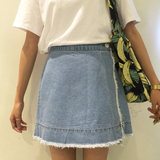 韩国夏季新品百搭甜美学院一片式叠穿毛边流苏A字牛仔短裙半身裙