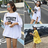 2016夏季新款宽松显瘦中长款七分袖T恤女 韩版学院风露肩字母上衣