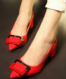 欧美新款女式单鞋夏粗跟3-5cm尖头粉红大红新娘结婚鞋高跟鞋中跟