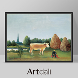 艺达利 现代客厅装饰画餐厅单幅挂画饭厅横版油画卢梭-有牛的风景
