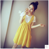 女装2016夏季韩国V领镂空背带裙显瘦中长款高腰连衣裙女两件套潮