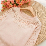 夏季粉色甜美圆领钩花镂空中袖灯笼袖短款薄针织衫套头衫打底衫女