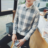 夏季薄款男士长袖衬衫韩版修身型青年格子衬衣青少年情侣寸衫衣服
