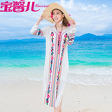 泰国海滩裙沙滩裙海边度假波西米亚长裙民族风刺绣棉麻长袖连衣裙