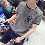 男孩很忙夏季日系亚麻短袖T恤潮男修身复古刺绣体恤衫圆领打底衫