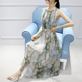 2016新款气质女装夏装韩版修身高腰长款连衣裙女雪纺无袖印花长裙