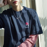 2016韩国ulzzang原宿学生宽松条纹假两件刺绣情侣男女套头长袖T恤