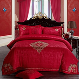 欧式贡缎提花婚庆四六件套大红刺绣绣花被套床单结婚新婚床上用品