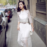 2016夏季新款女装韩版中长款修身显瘦白色蕾丝连衣裙名媛气质中裙