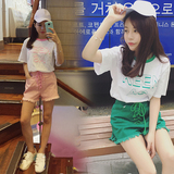 夏天衣服女装短款T恤韩国韩版上衣两件套装夏高腰短裤女学生短袖