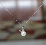 韩国直送s925银 可爱兔耳朵 锆石微镶 天然珍珠短款项链吊坠