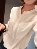 2016新款春装立领衬衫简约女装中长款纯色休闲衬衣显瘦雪纺衫