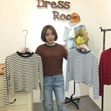 16韩国chic潮流新款韩版宽松细条纹长袖上衣女显瘦短款打底T恤女