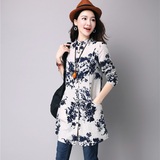 2016韩版女装秋装新款衬衣女修身中长款长袖大码印花棉麻衬衫女潮