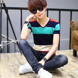 夏季男士条纹短袖t恤青少年修身v领韩版潮流针织体恤衣服学生男装