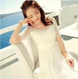 波西米亚长裙沙滩裙夏海边度假白色一字领钉珠显瘦蕾丝雪纺连衣裙