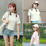 韩国ulzzang纯色半高领短袖T恤女夏2016新款宽松显瘦短款百搭上衣