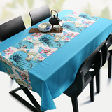 帛彩堂 中国风水墨创意棉麻布艺桌布餐桌布茶几布 仲夏荷塘蓝色