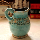 美式乡村家居装饰品乔迁礼物 陶瓷花瓶花插花器 蓝色仿古做旧水罐