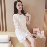 韩版夏装新款镂空蕾丝连衣裙中长款公主裙 大码短袖打底衫上衣女