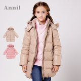 安奈儿女童装冬季款 正品 纯静色80%白鸭绒中长款羽绒服AG345564