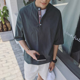 夏装新款短袖T恤潮男韩版修身棉麻衬衫日系纯色小立领格子衬衣潮