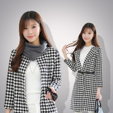 2015秋新款韩版大码毛呢外套女修身中长款千格鸟休闲外套呢子大衣