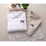 森女日系甜美清新白衬衣刺绣小猫咪口袋条纹棉质长袖衬衫衬衣女