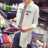 春季韩版男士长袖衬衣男青年中长款修身型衬衫日系潮流字母白寸衫