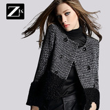 ZK2016冬装新款格子毛呢外套女短款小香风拼接毛呢短外套呢外套潮