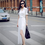 长裙夏2016新款韩国修身性感白色雪纺连衣裙名媛气质超长裙仙女潮
