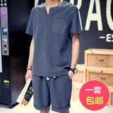 夏季新品亚麻t恤男短袖套装中国风纯色大码男装棉麻休闲T恤套装