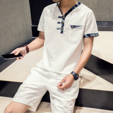 夏季亚麻短袖男生棉麻T恤套装男装纯色日系韩版修身半袖t恤潮圆领