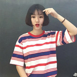 韩国ulzzang复古日系男女原宿学院风宽松BF风条纹短袖T恤女半截袖