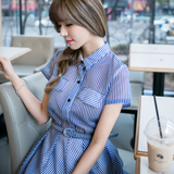 2016新款夏季韩版小清新时尚条纹修身显瘦翻领短袖大摆衬衫连衣裙