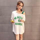 夏季女装韩版一字领露肩字母上衣宽松短袖大款中长款T恤女大版t潮