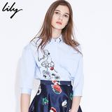 Lily2016夏新款女复古欧美范儿手绘印花纯色中袖衬衫116200C4602