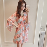 2016夏季女装新款韩版V领荷叶袖雪纺中长款度假海边碎花连衣裙女