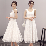 韩版A型连衣裙中长款潮2016夏季新款高腰修身白色蕾丝吊带大摆裙