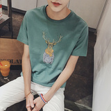 BWXD夏季港风新款韩版修身圆领短袖T恤男士卡通小鹿印花半袖tee男