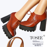 Tosee16复古皮鞋女学院风系带圆头牛皮春季粗跟单鞋防水台超高跟