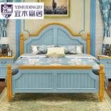 地中海床 实木床 美式乡村床1.8米 双人床1.5 蓝色田园高箱床婚床