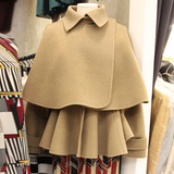 2016早春新款女 韩版长袖短款蝙蝠型斗篷+连衣裙两件套毛呢短外套