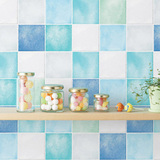 韩国浴室卫生间防水自贴马赛克自粘墙纸厨房灶台防油贴纸蓝色格子