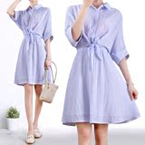 夏季新款韩版蓝白条纹棉麻连衣裙女中长款宽松显瘦短袖衬衫裙子潮